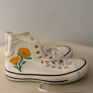 White High-Top Converse with Yellow Floral Embroidery